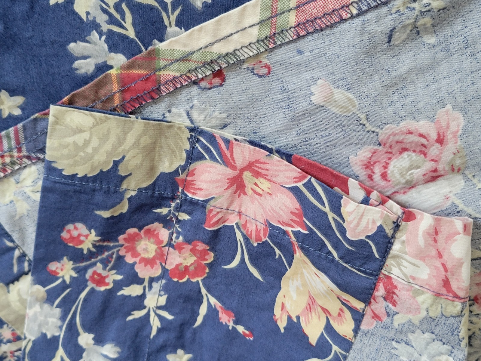 Chaps Home RL Cape Cod Floral w/ Plaid Trim 3 Valances 76″× 19″ Blue/Pink Roses