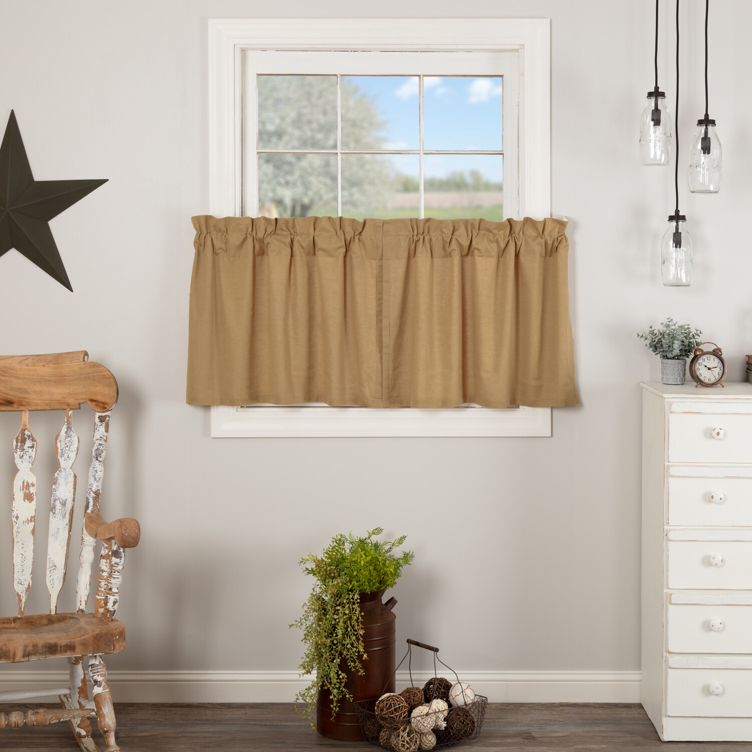 New Primitive Farmhouse PLAIN TAN FLAX GRAIN SACK TIERS Cafe Curtains 24″