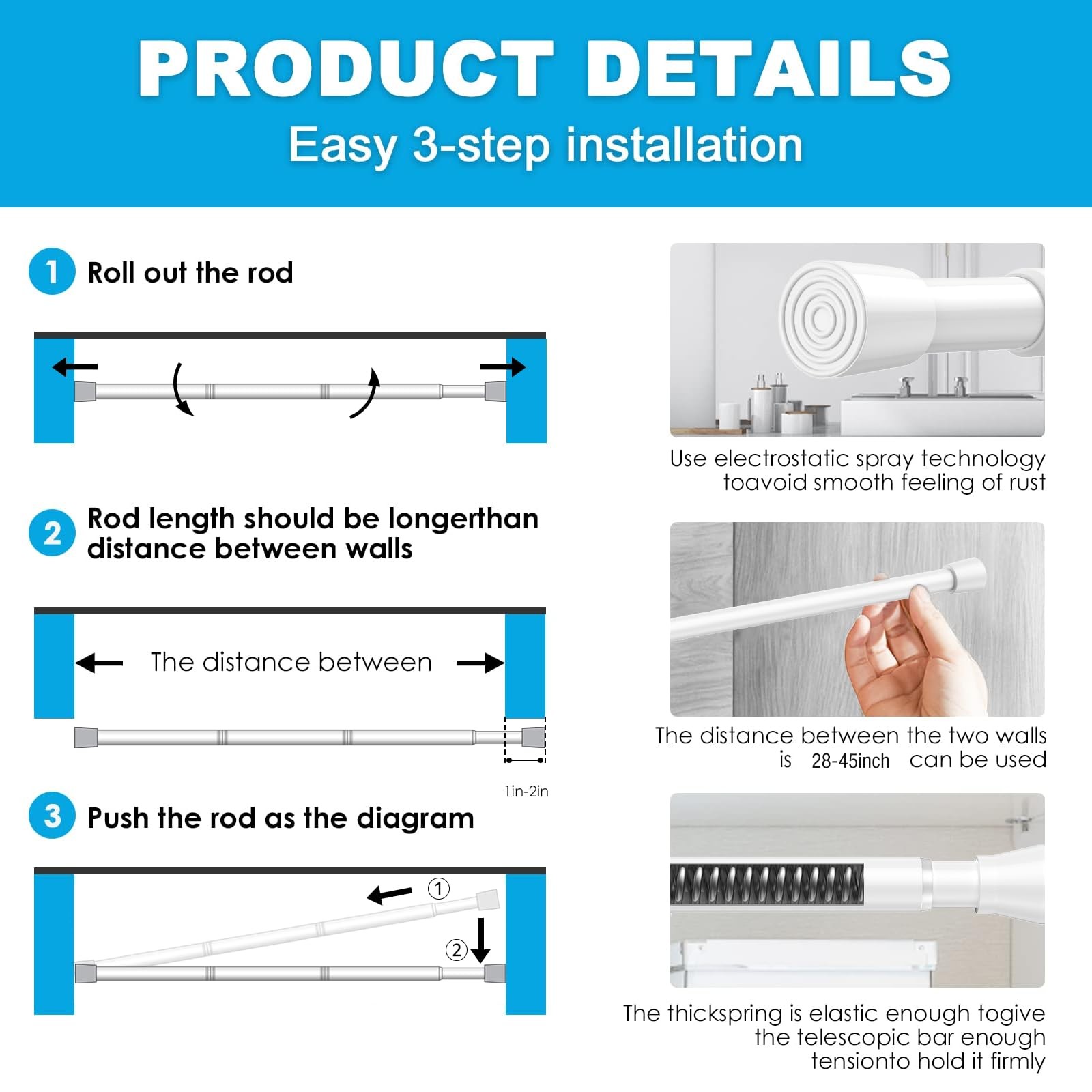 1 Pack Spring Tension Rods 33-59 Inches, 5/8 Inch Diameter White No Drill Spr…