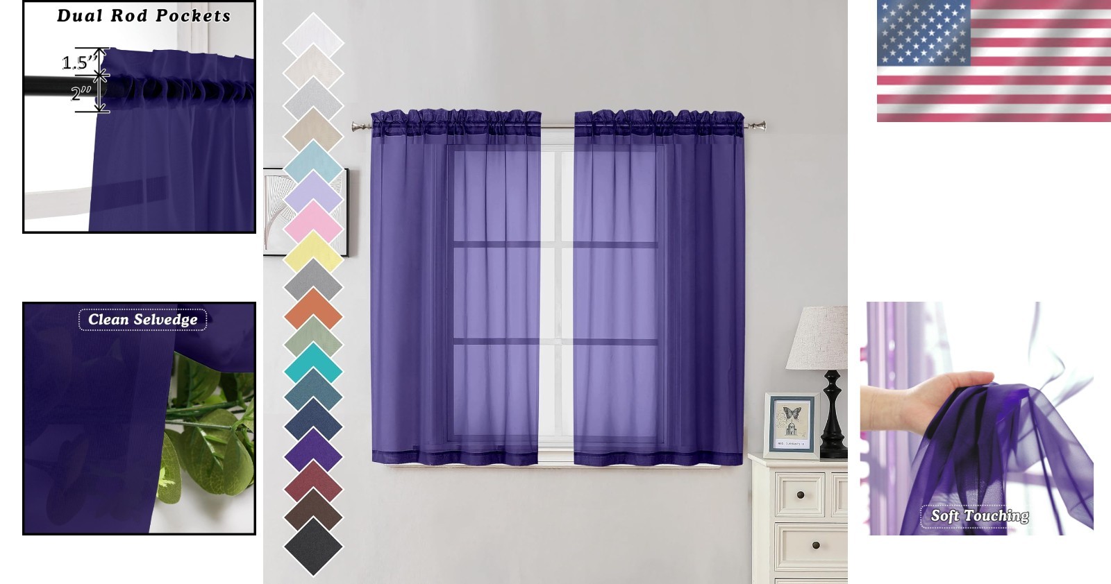 Elegant Purple Sheer Curtains 42×45 Inches – 2 Panels, Light Filtering Draperies