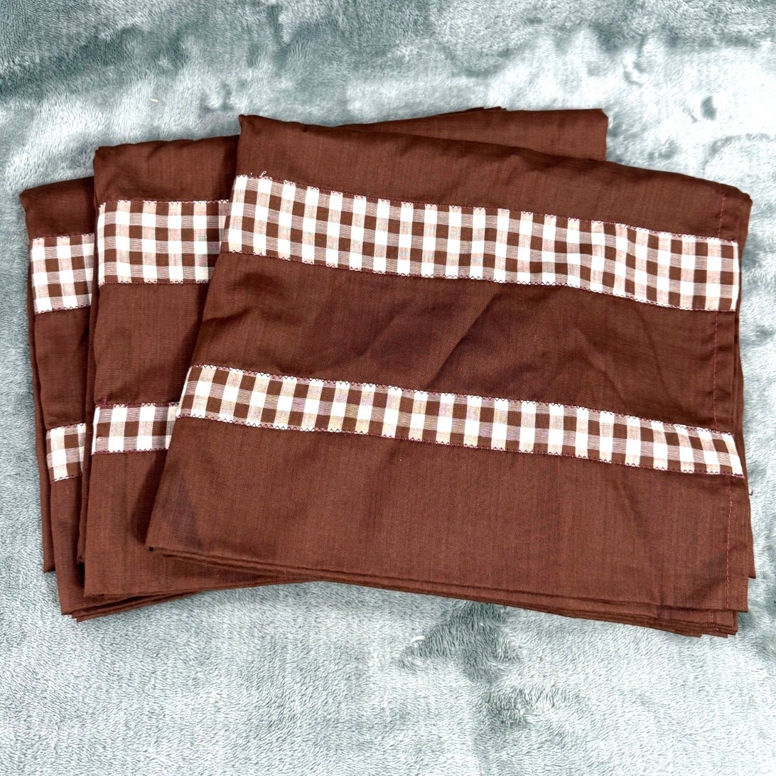 Vintage 1980s Handmade Brown Gingham Check Curtain Panels Set of 3 Cottagecore