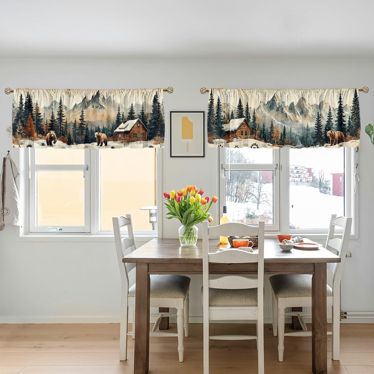 Bear Curtain Valance for Windows 2 Pack Vintage Mountain Tree Country Cottage…