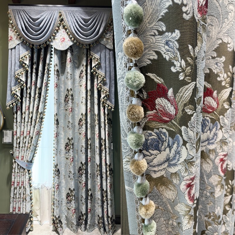 European Luxury chenille jacquard grey thick cloth curtain valance drape C2139