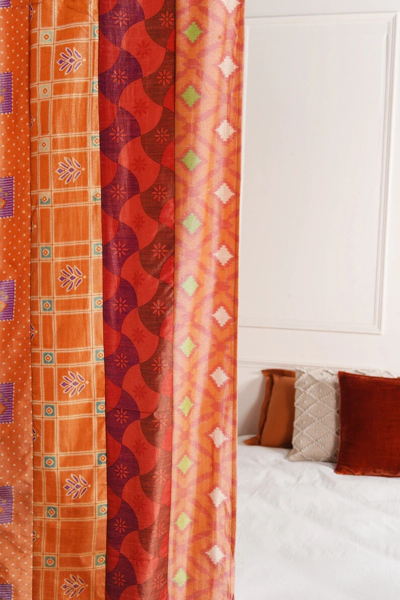 2 Pcs Indian Sari Patchwork Curtain Drape Window Decor Orange Silk Sari Curtain