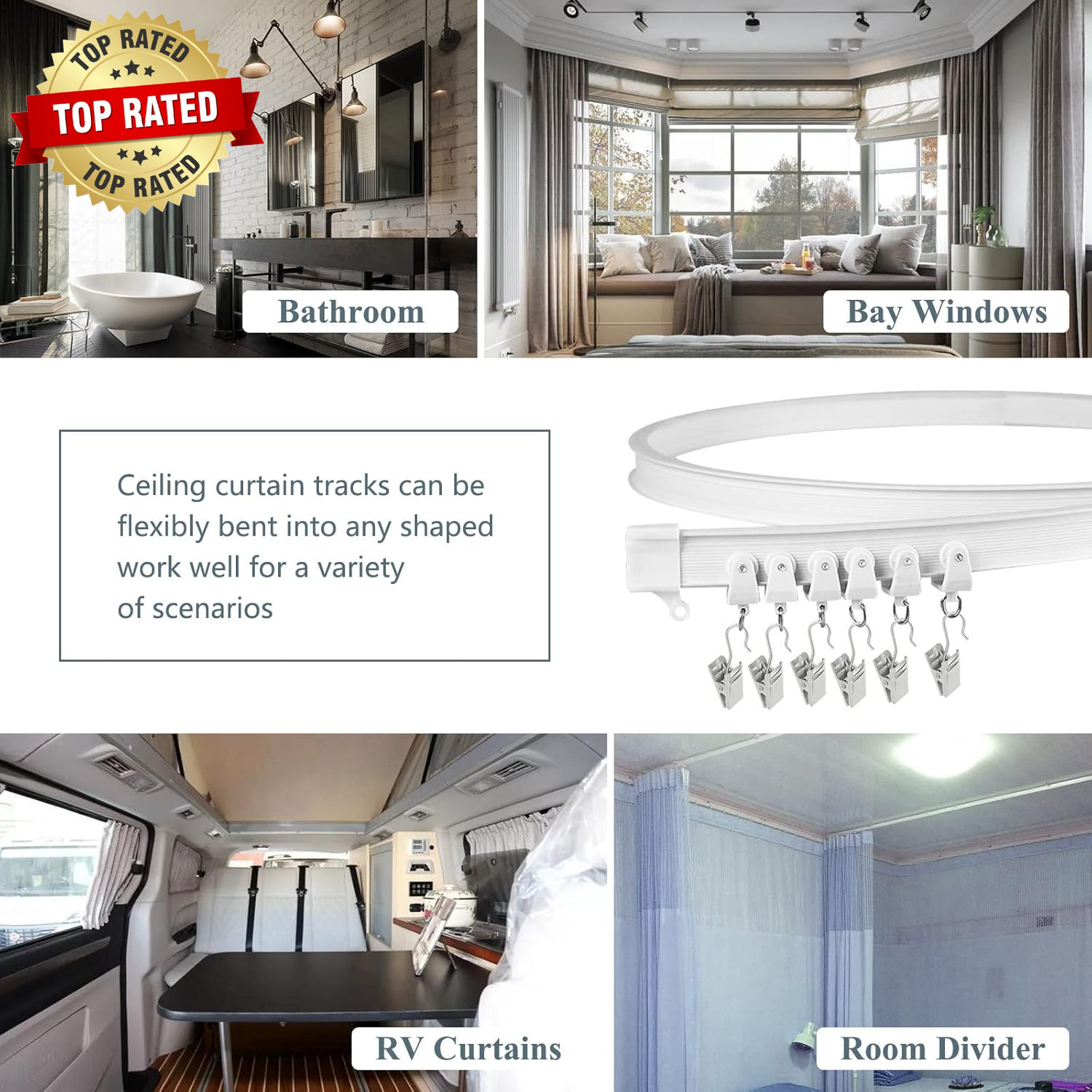 Ceiling Curtain Track, Flexible Bendable Curtain Rail System, 20Ft Wall Mount He