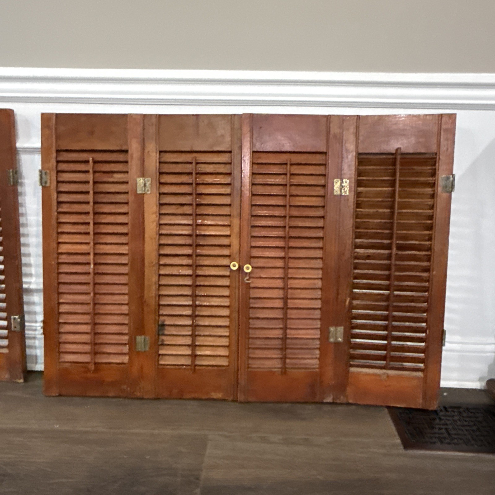 Vintage Plantation Window Shutters 2 Sets 28”Hx39”W Wood Interior Louver Brown.