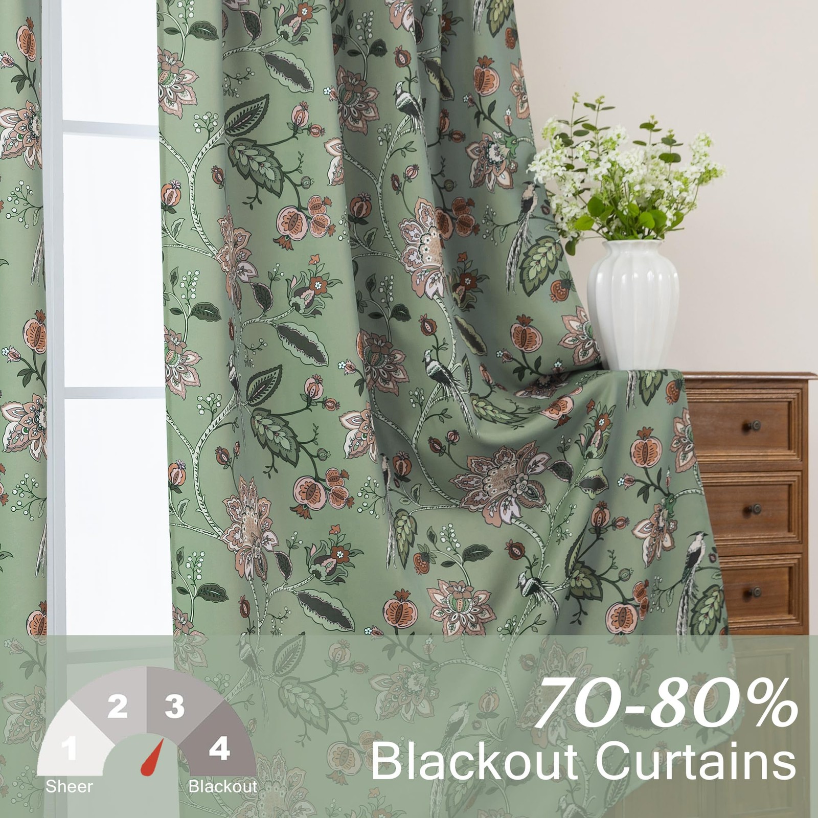 Lino Rosa Short Floral Patterned Blackout Curtains for Bedroom, Decorative Black