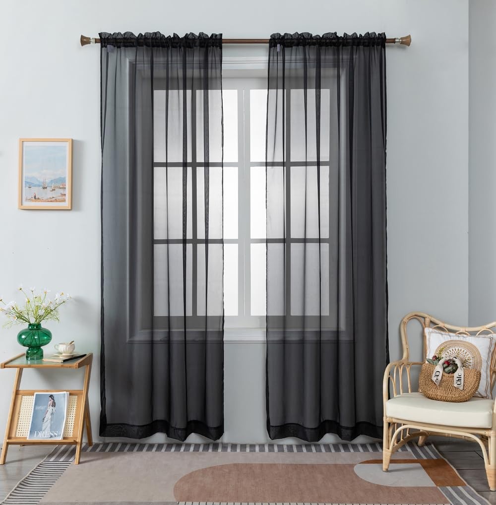 Black Sheer Curtain Panels Set Of 2 58 X 84 Modern Voile Fabric Home Decor