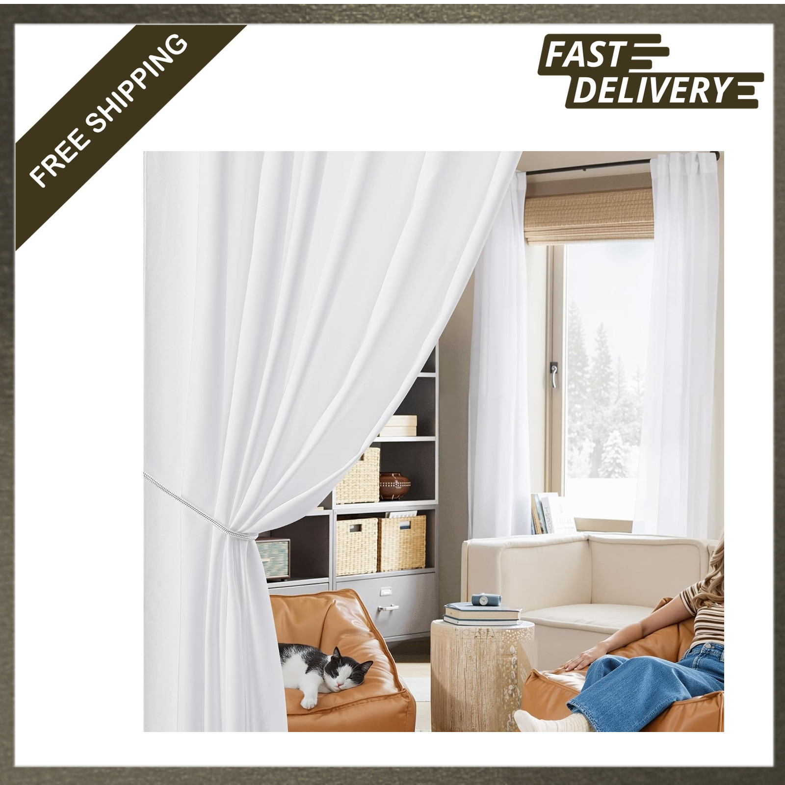 Non See Through White Sheer Curtains 84 Inch Long 2 Panels Rod Pocket Back Tab