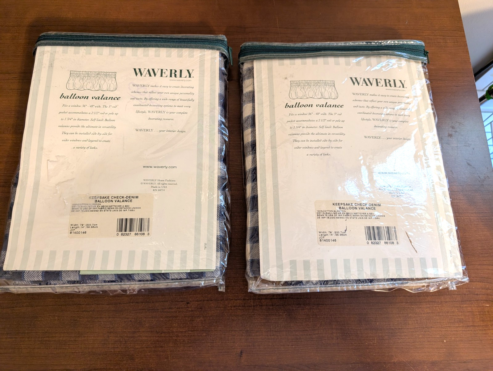 JCP 2 pr WAVERLY Keepsake-Check Denim Balloon Valance Blue & White 79″x14″ NIP
