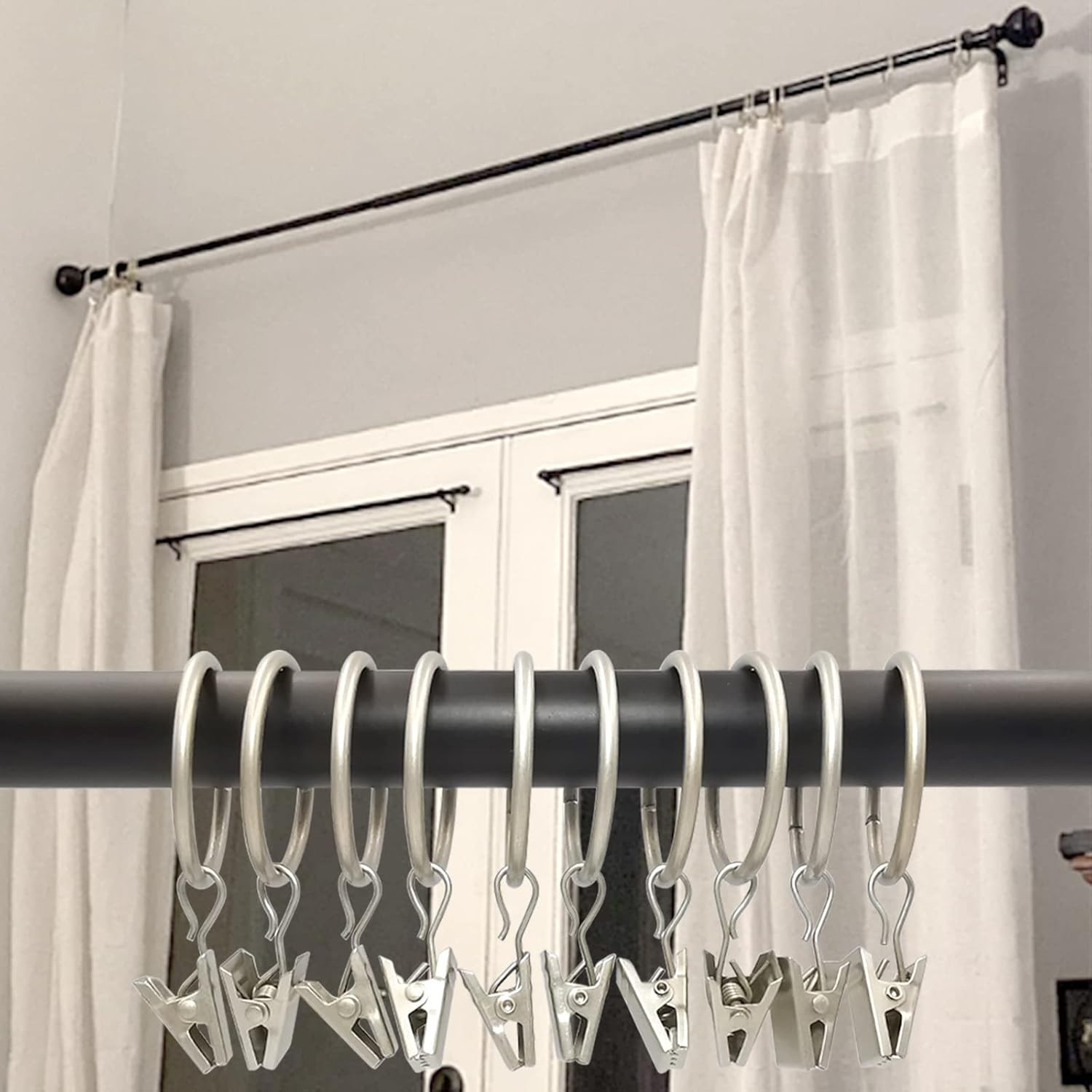 Weekseight 40 Pack Matte Silver Curtain Rings with Clips, Curtain Hooks Hangers