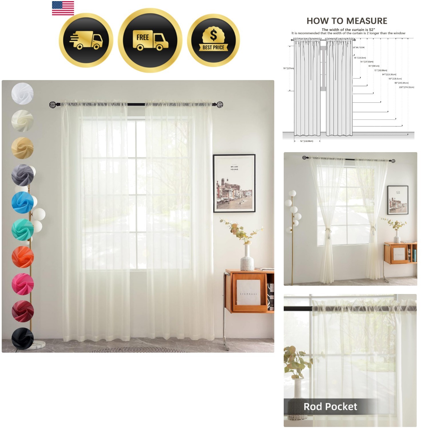 Solid Sheer Rod Pocket Curtain Voile Draperies 2 Panels White Beige Black Gre…
