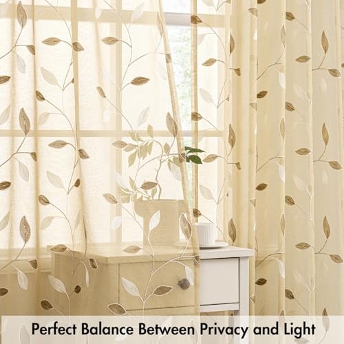 Sheer Curtains 2 Panels Embroidered Leaf 30″W x 36″L (Pack of 2) Beige