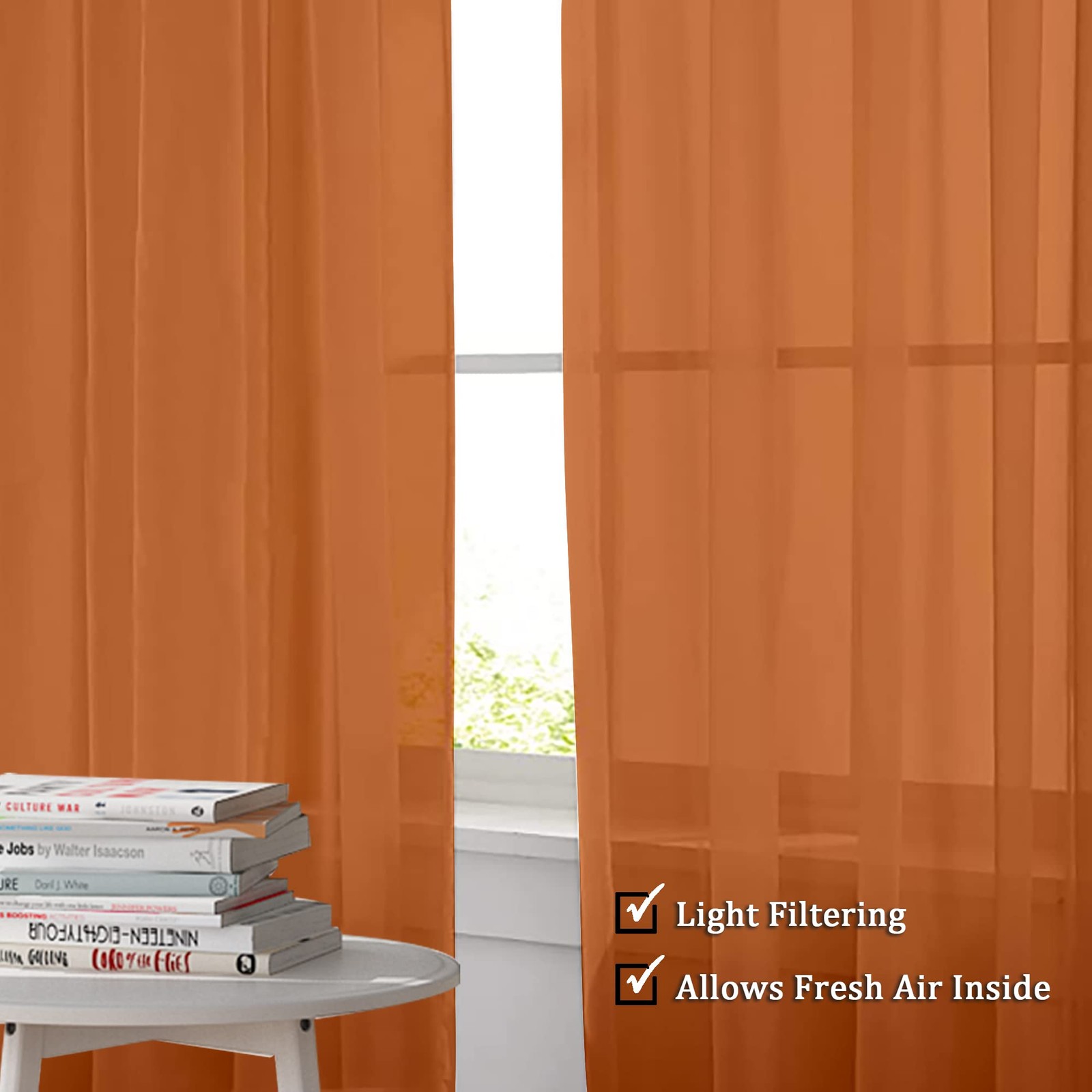 Sheer Orange Curtains 84″ Length, 2 Panels Set, Rod Pocket Voile Drapes
