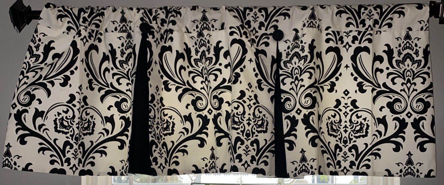 Black And White Damask Panel Pleated Button Top Curtain Valence NWOT Set Of 2