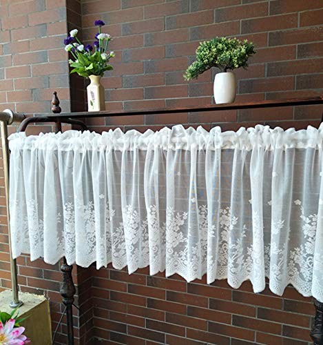 White Lace Window Valance Semi Sheer Floral Curtain for Kitchen Bathroom