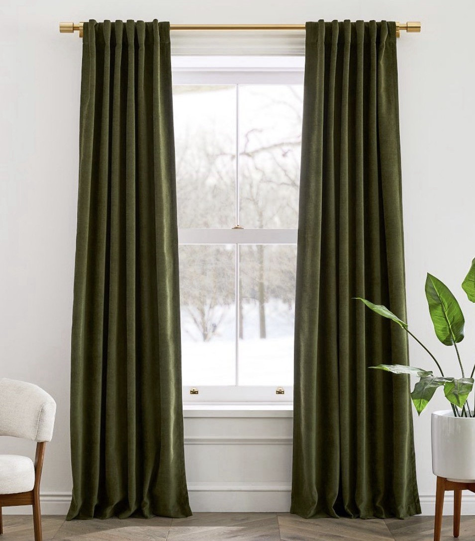 West Elm Worn Velvet Curtain Panels | Tarragon/Olive/Sage | 48×96” | In Pairs