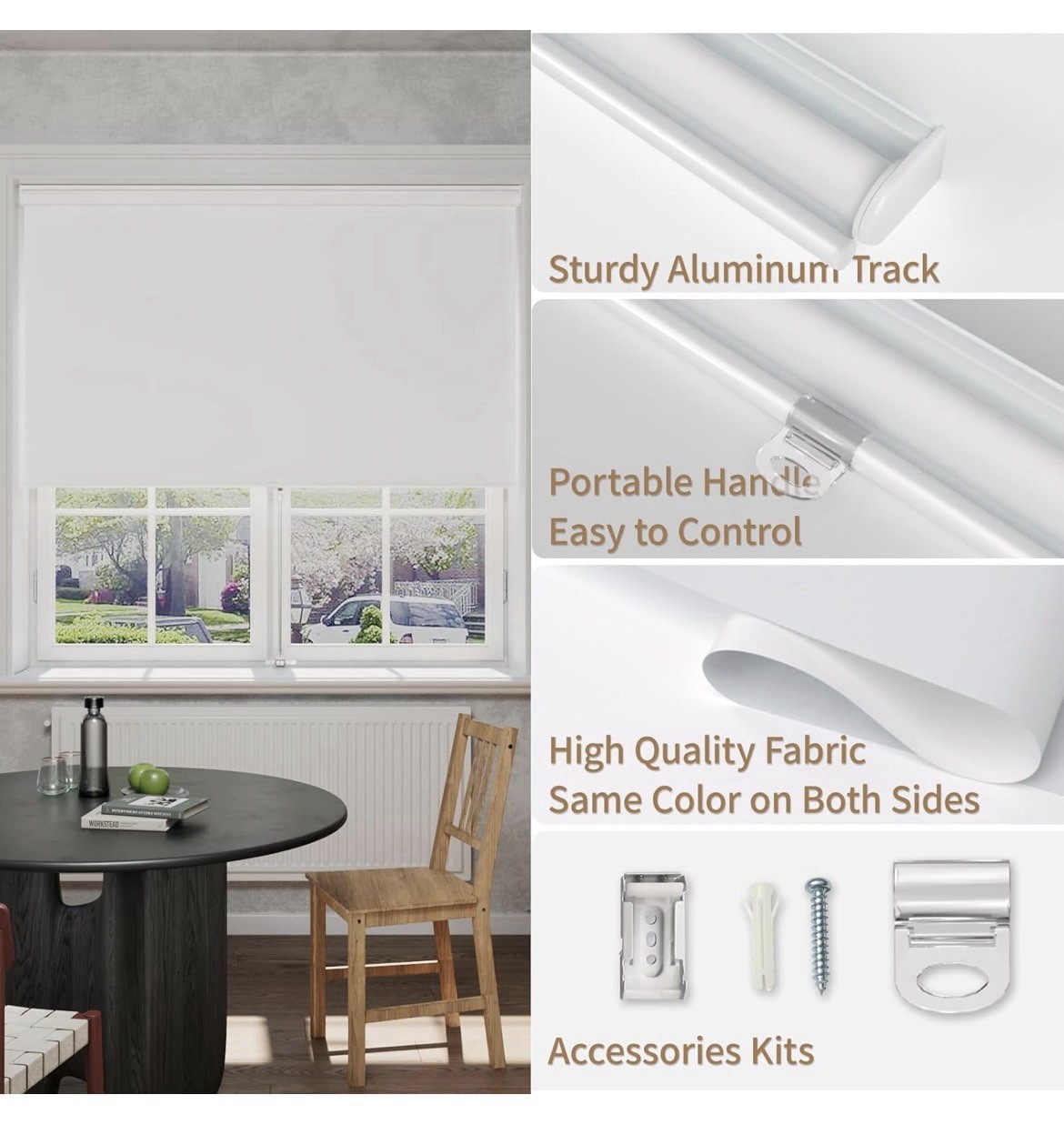Cordless Blackout Roller Shade White Fabric Inside/Outside Mount 24×72
