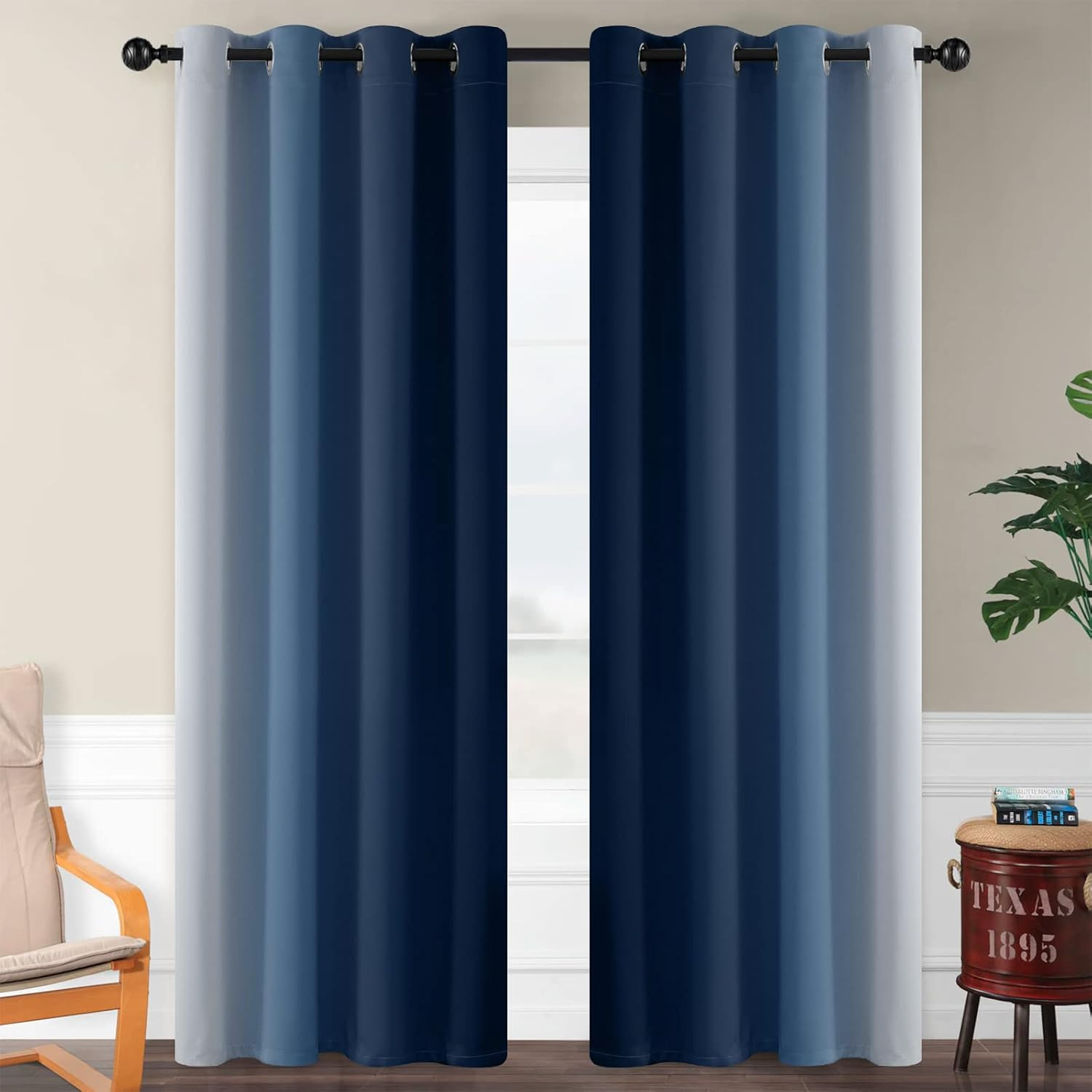 Ombre Blue to Grey White Curtains for Living Room 52Wx84L | Room Darkening Curta
