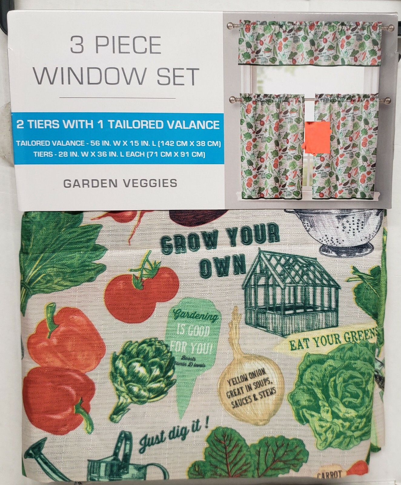 3 pc Curtains Set: 2 Tiers (27″ x 36″) & Valance (56 “x 15”) GARDEN VEGGIES, RH