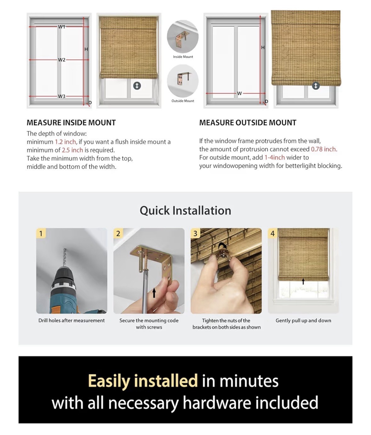 BDP Cordless Roman Shade Light Filtering Bamboo Driftwood Privacy 22.5 x 48
