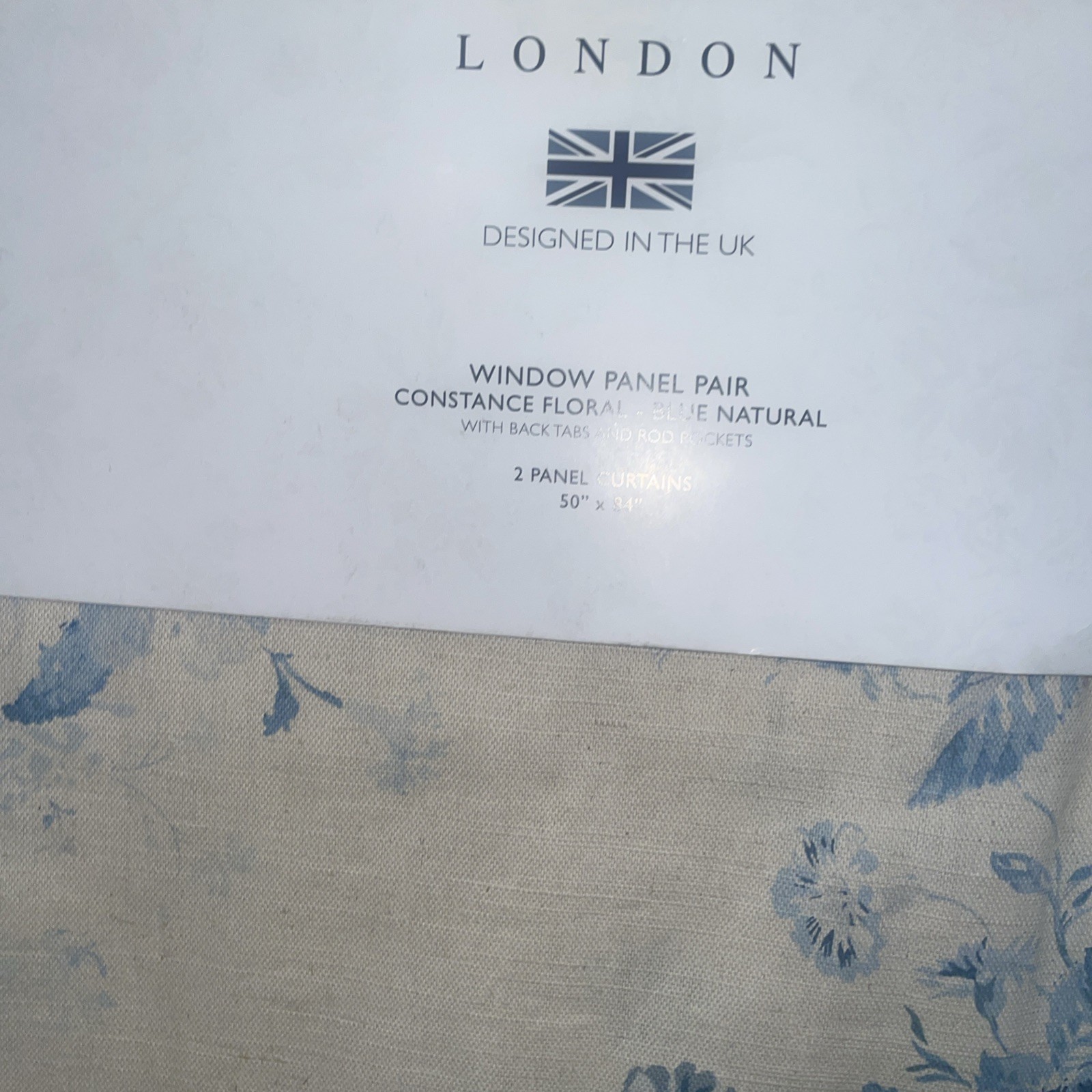 2 Cabbages & Roses Window Curtain Panels Constance Floral Blue Natural 50 x 84”