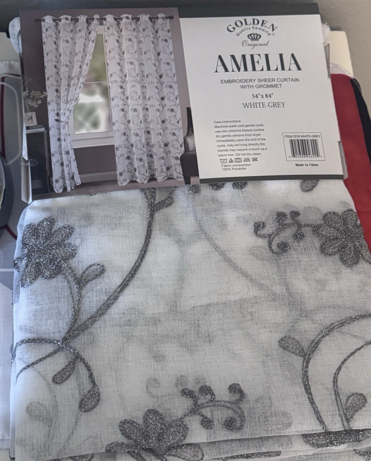 Golden Amelia Sheer Embroidered Floral Grommet Panel 54×84 White/Gray