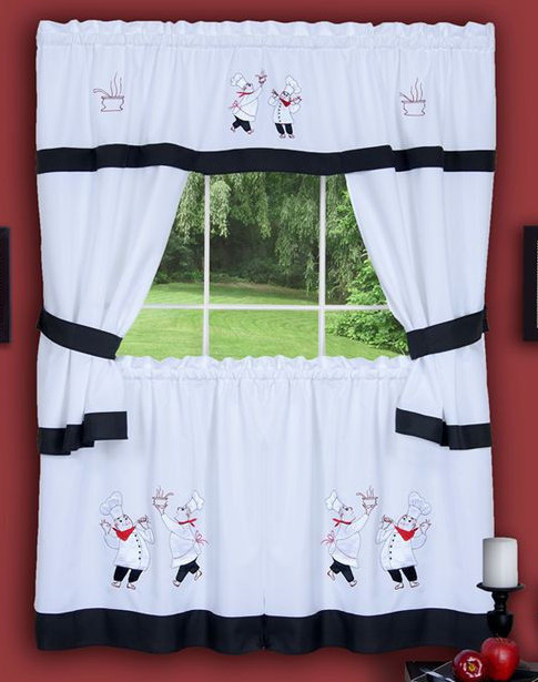 GOURMET CHEF BLACK AND WHITE EMBELLISHED CURTAINS AND TOPPER COTTAGE SET