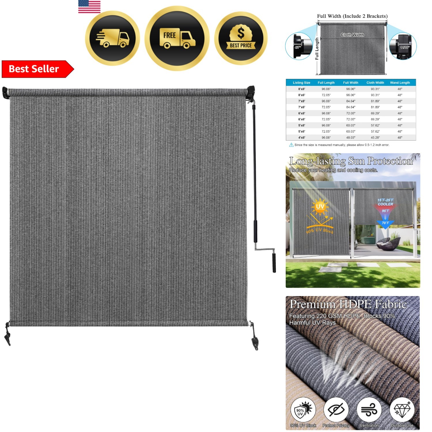 Outdoor Roller Shade 8×8 UV Blocking Cordless Patio Blinds Sun Screen