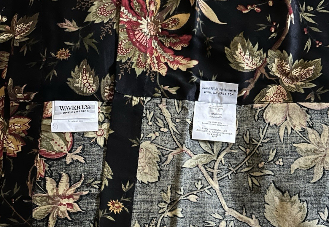 Waverly “Felicite Noir” Floral Jacobean Sateen Curtain 2 Panels Pair 84×48″ EXC!