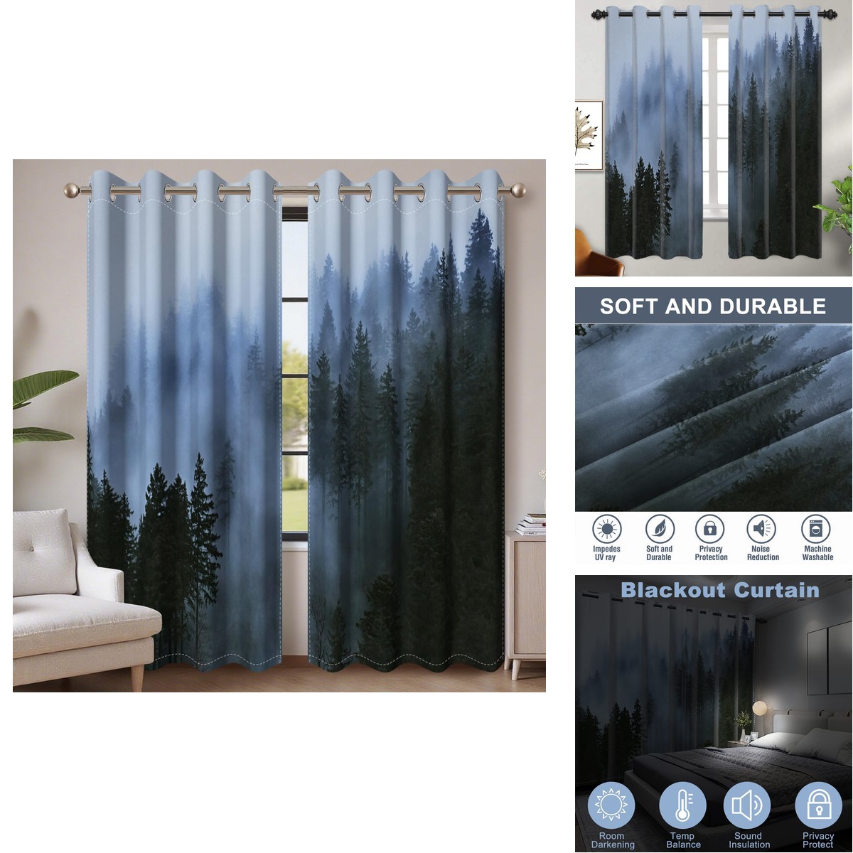 Awert Blackout Curtains Bedroom Light Blue Tree Fog Nature Forest Curtains 2