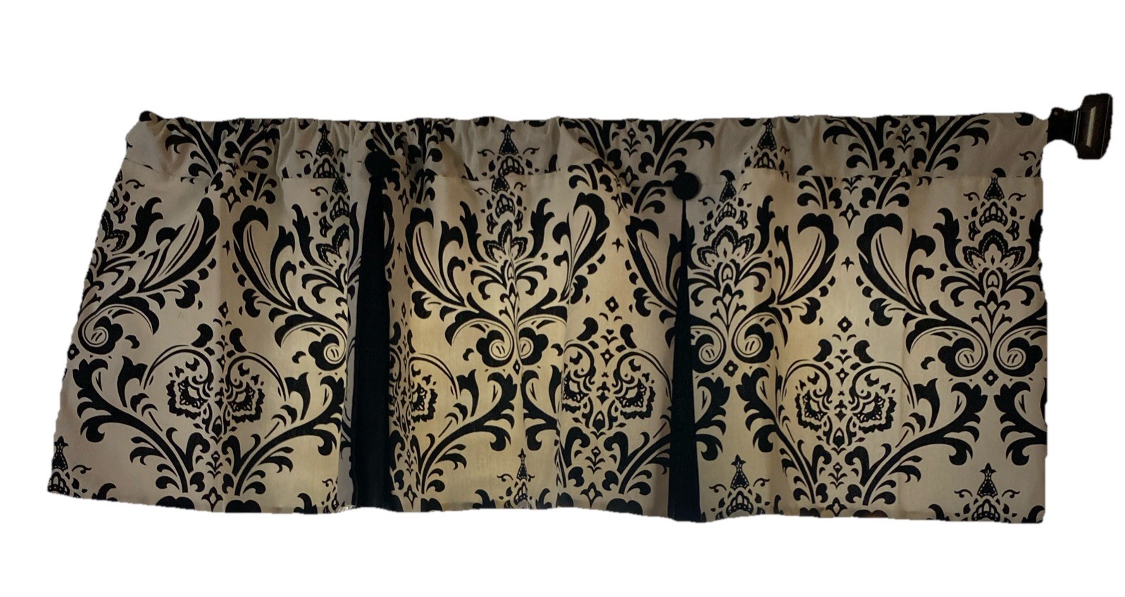 Black And White Damask Panel Pleated Button Top Curtain Valence NWOT Set Of 2
