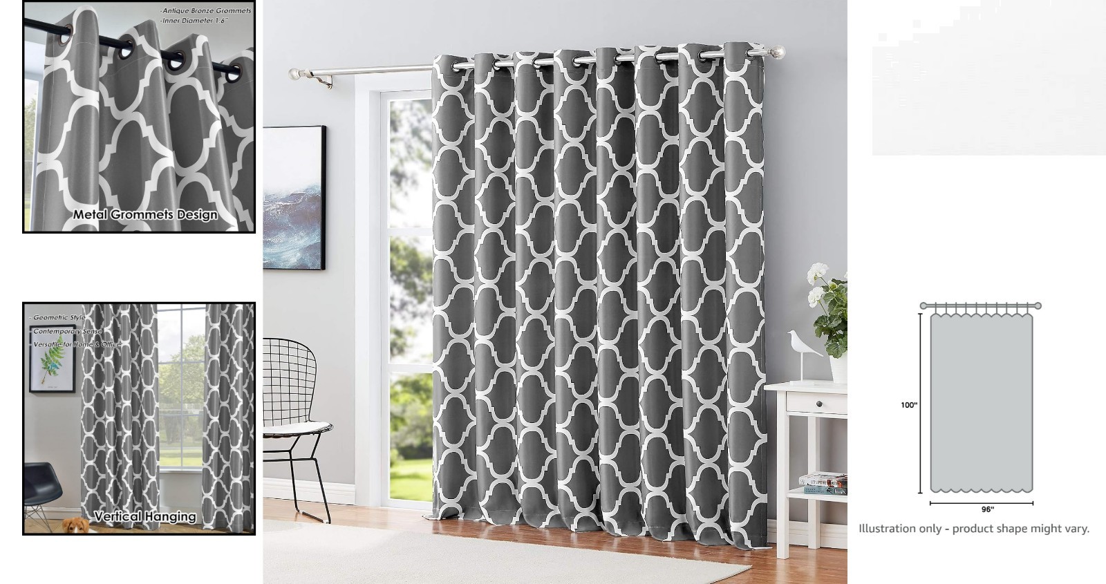 Luxurious Grey Moroccan Blackout Drapes, 100×96 Inch with Grommet Top Design