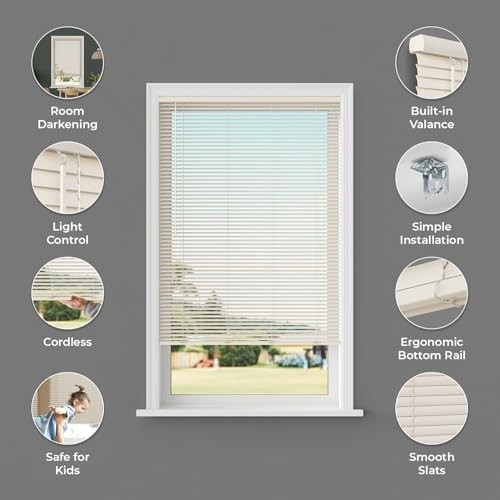 Room Darkening Vinyl Mini Blinds 18 x 36 Cordless Alabaster Inside Mount