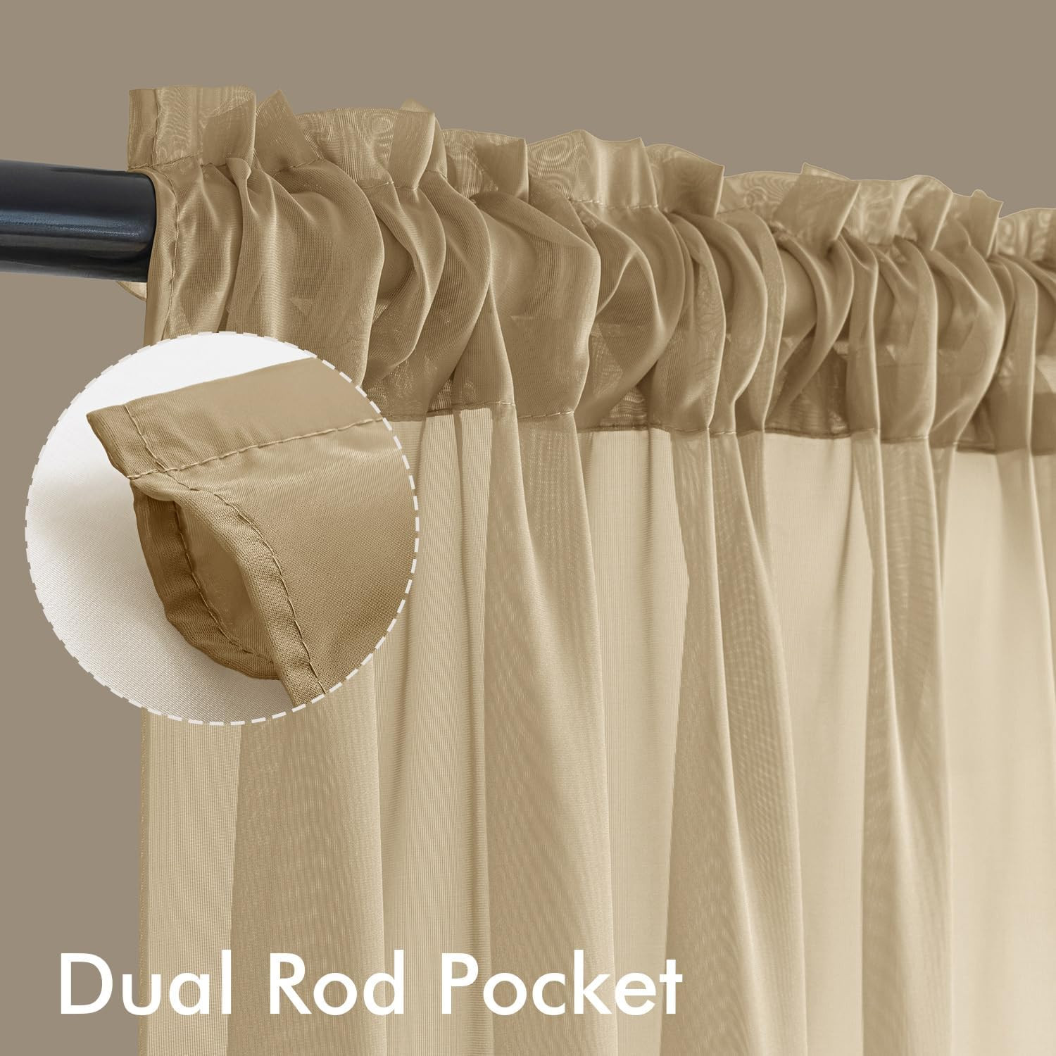 MIULEE Beige Sheer Curtains 63 Inches Long, 4 Panels Set, Rod Pocket Voile Drape