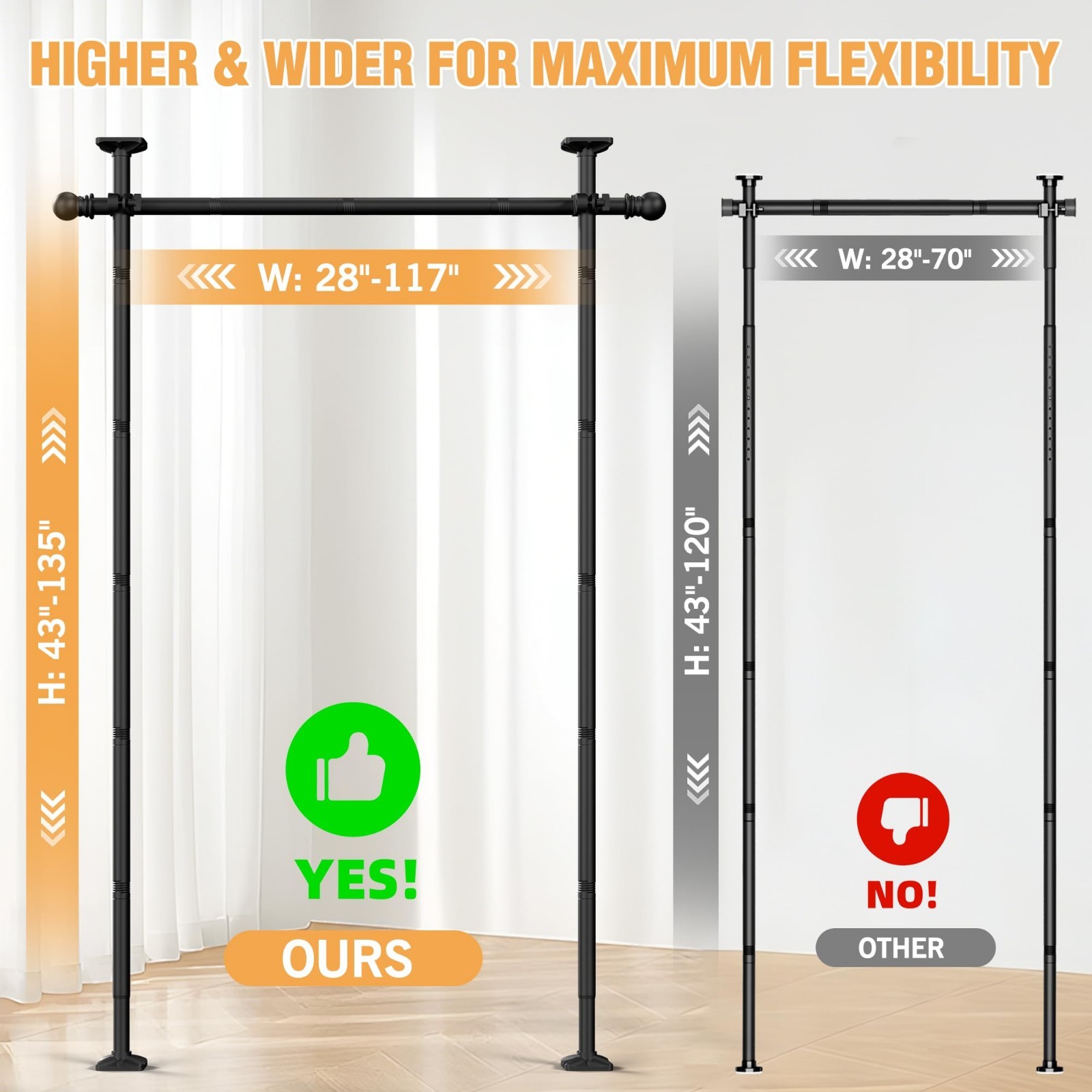 Adjustable Room Divider Curtain Rod – No Drill Privacy Separator, 4-11ft Height,