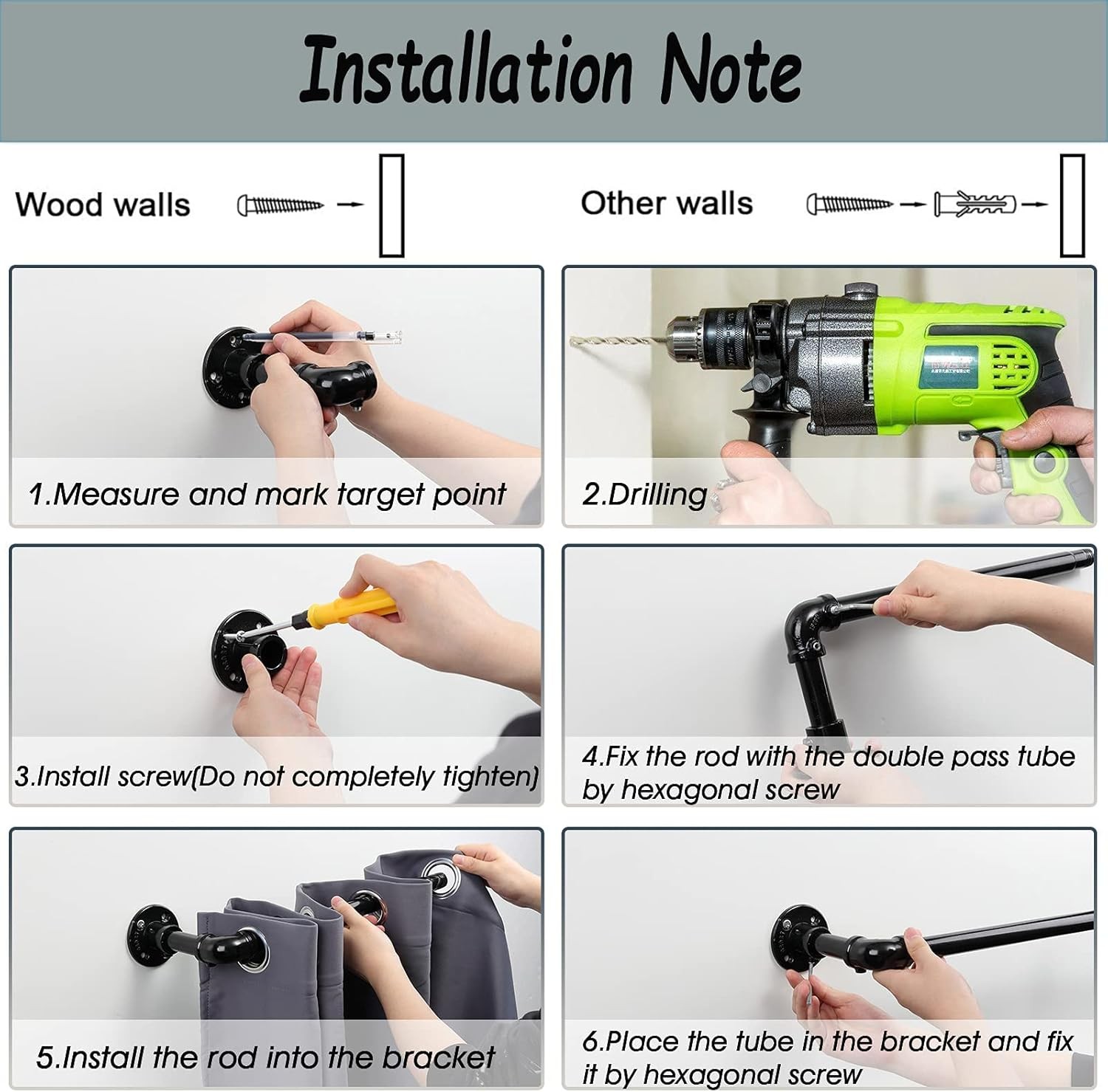 Industrial Curtain Rods – Matte Black Pipe Curtain Rod for Windows 48 to 84 inch