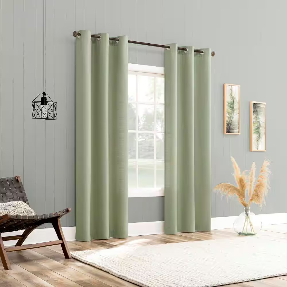Landon Textured Sage Green Faux Linen 40 In. W X 63 In. L Grommet Light Filterin