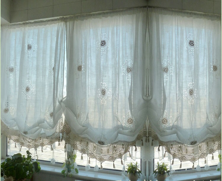 Pastoral Adjustable Shade Balloon Curtain Combined Hand Crochet White 1 Panel