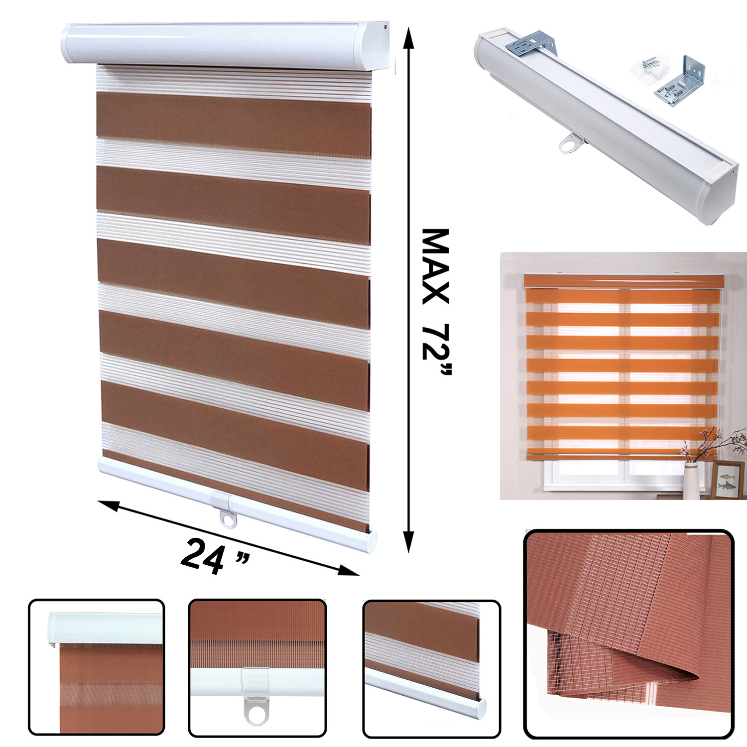 24″ x 72″ Brown Zebra Roller Blinds Cordless Dual Layer Shades Sheer or Privacy
