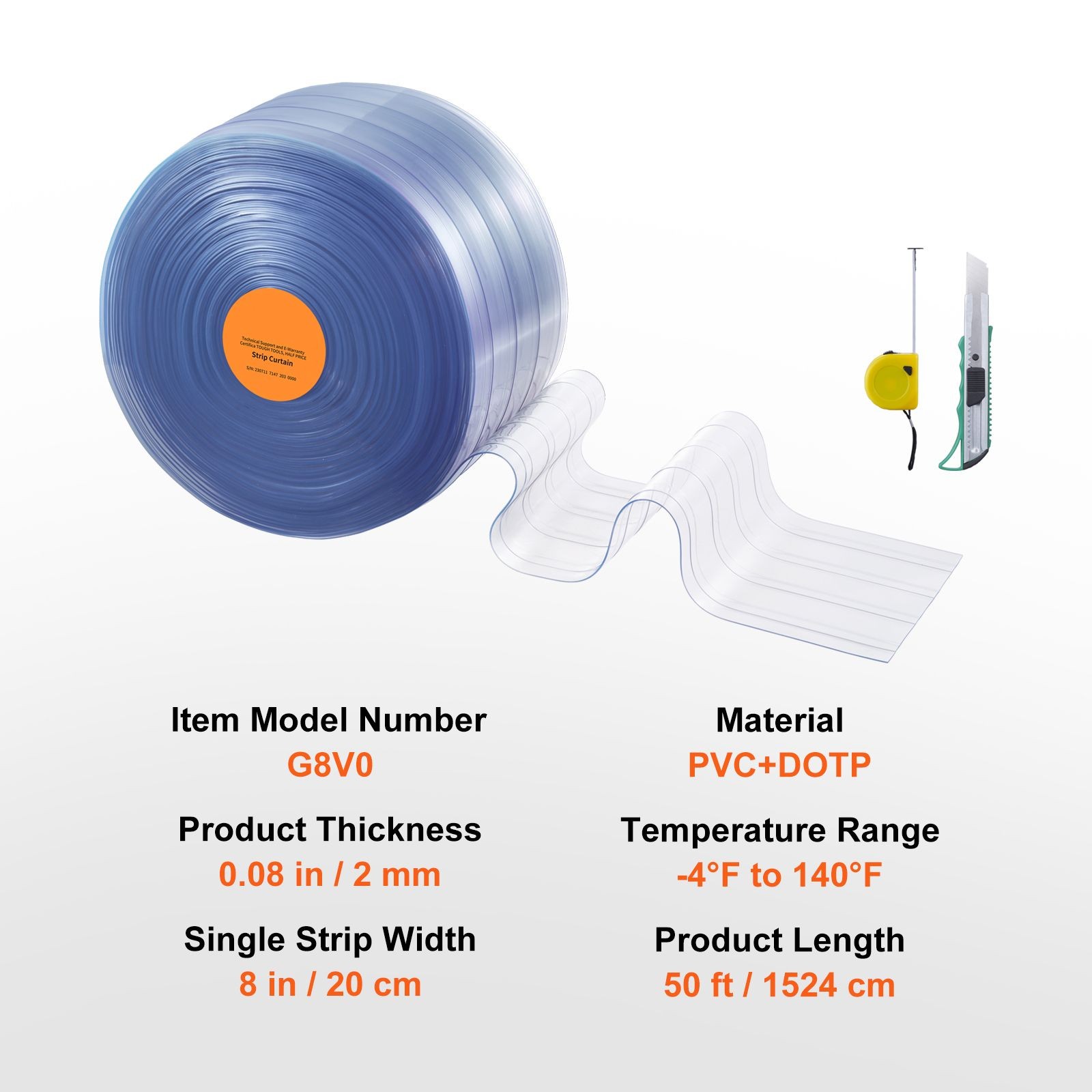50ft x 8in Clear Ribbed PVC Door Strips, 0.08in Thick, for Warehouse & Pet Doors