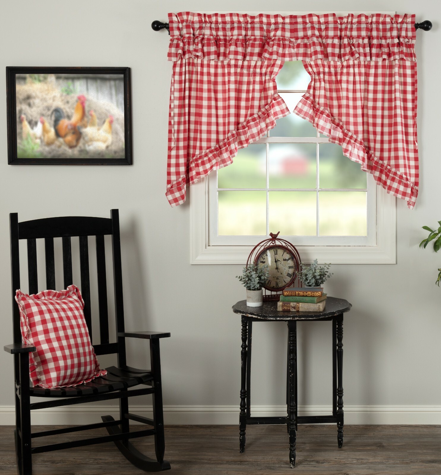 36”L Drawstring Ruffled Country Prairie Swag Set Red Annie Buffalo Check Cotton