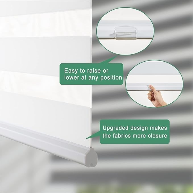Cordless Zebra Blinds Free-Stop Dual Layer Roller Window Shades White