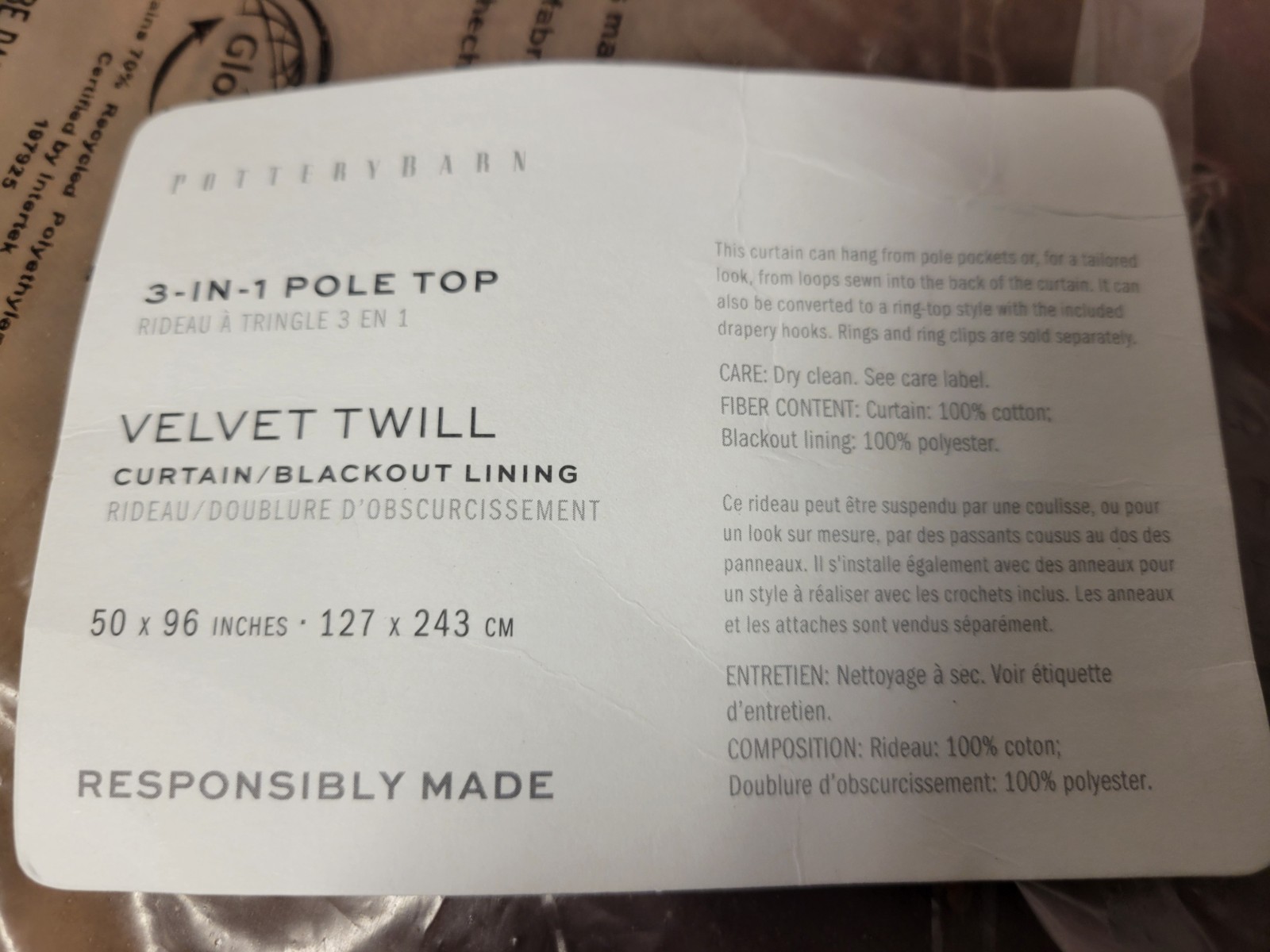 POTTERY BARN ~ 3-in-1 ~ Pole Top ~ Velvet Twill Curtain ~ Blackout ~ 50”x96”