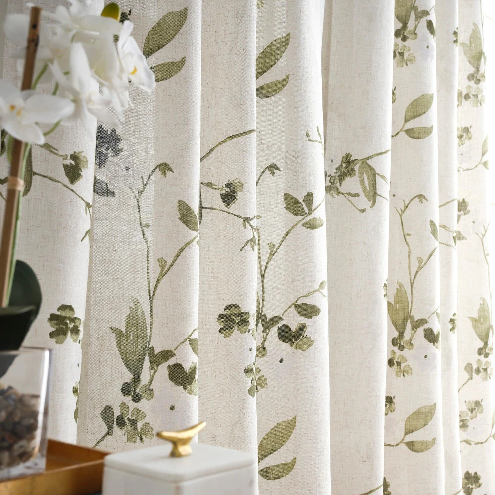 DKNY Floral Sketch Curtains Set of 4 37×84 Loden Natural Linen Blend New