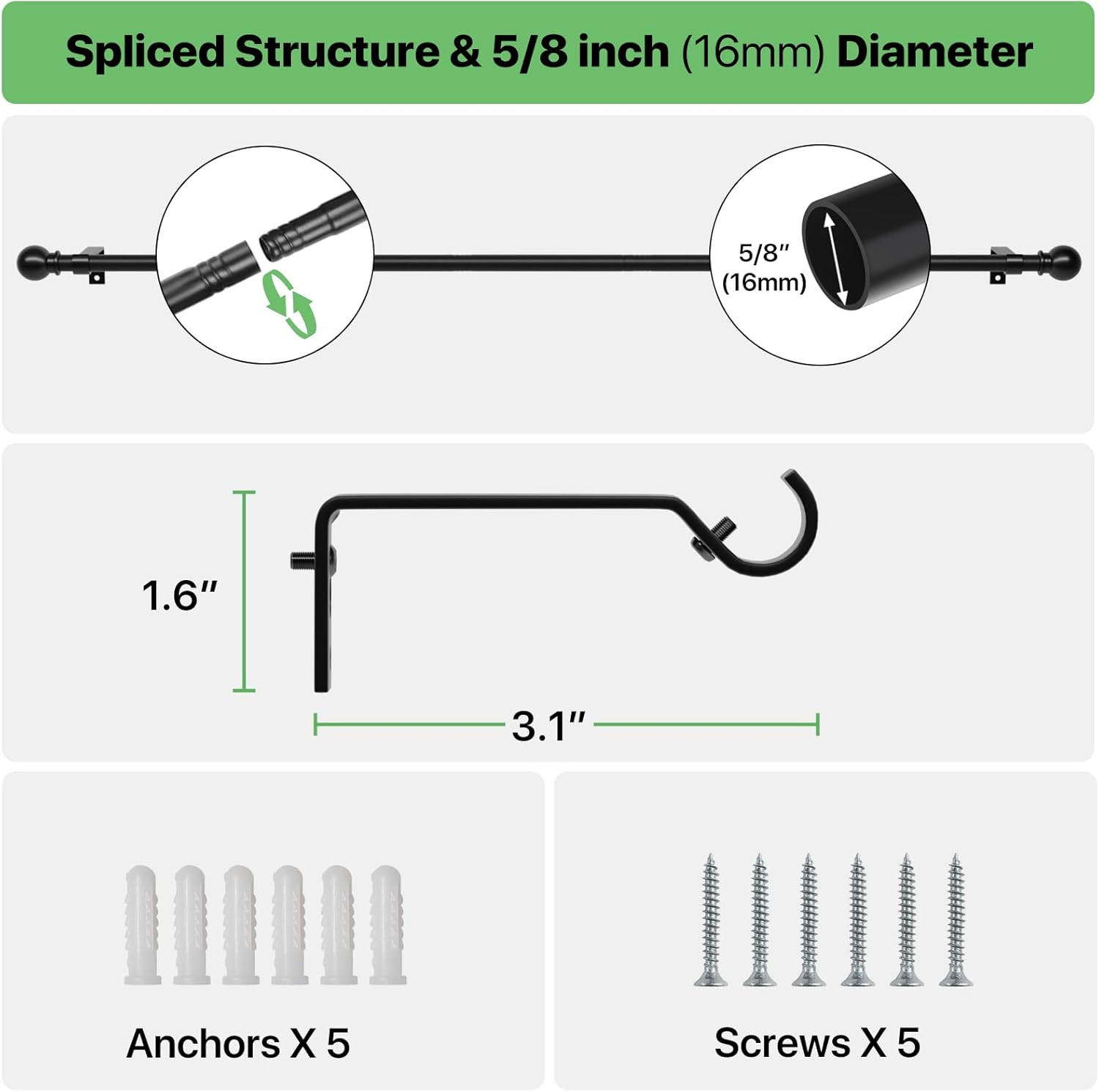 Black Curtain Rod Set 28-48 Inch Adjustable Metal Drapery Rod with Brackets