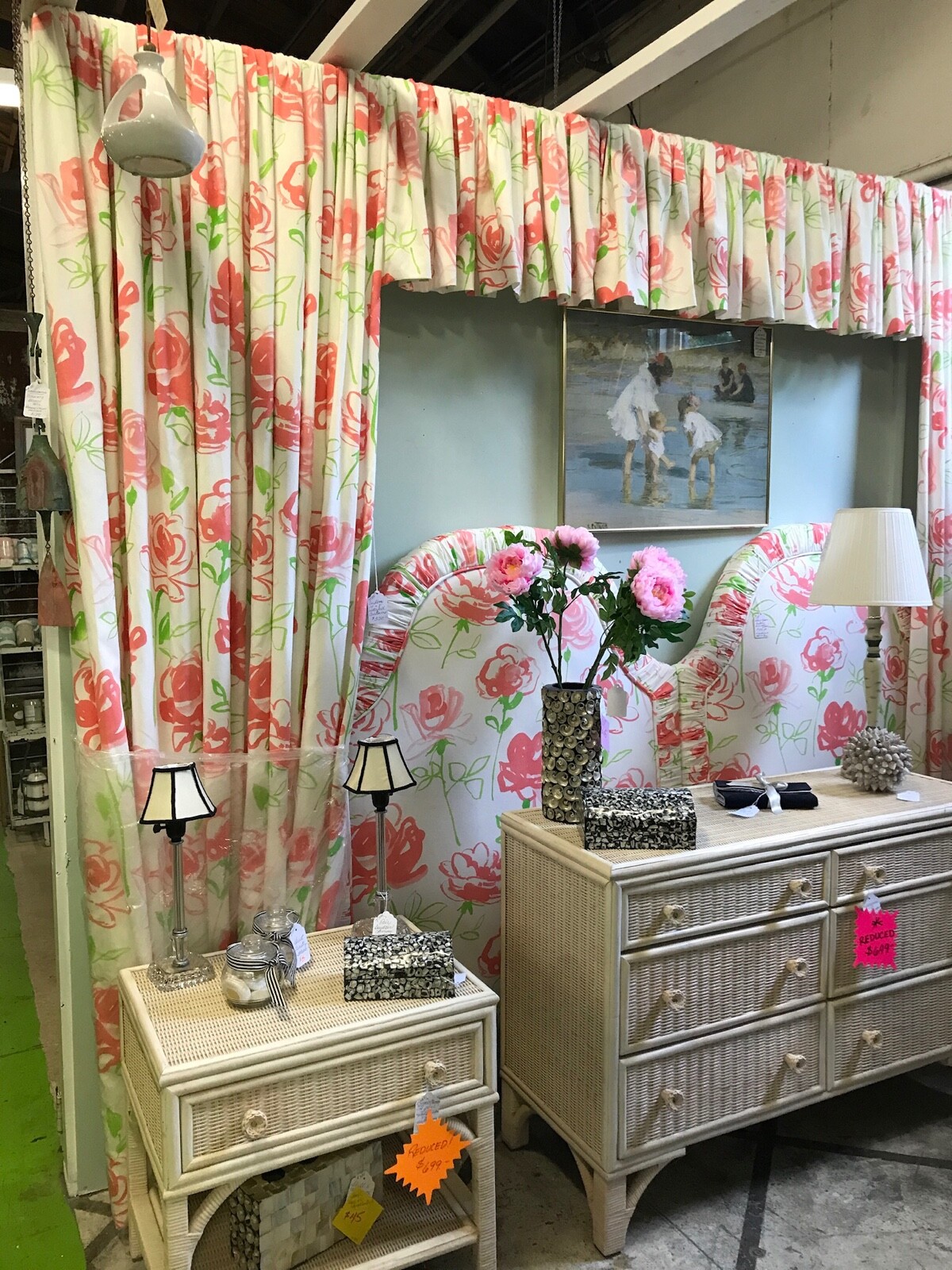 CUSTOM WATERFALL VALANCE & SIDE PANEL CURTAINS 10’WX8’H-“DOROTHY DRAPER”
