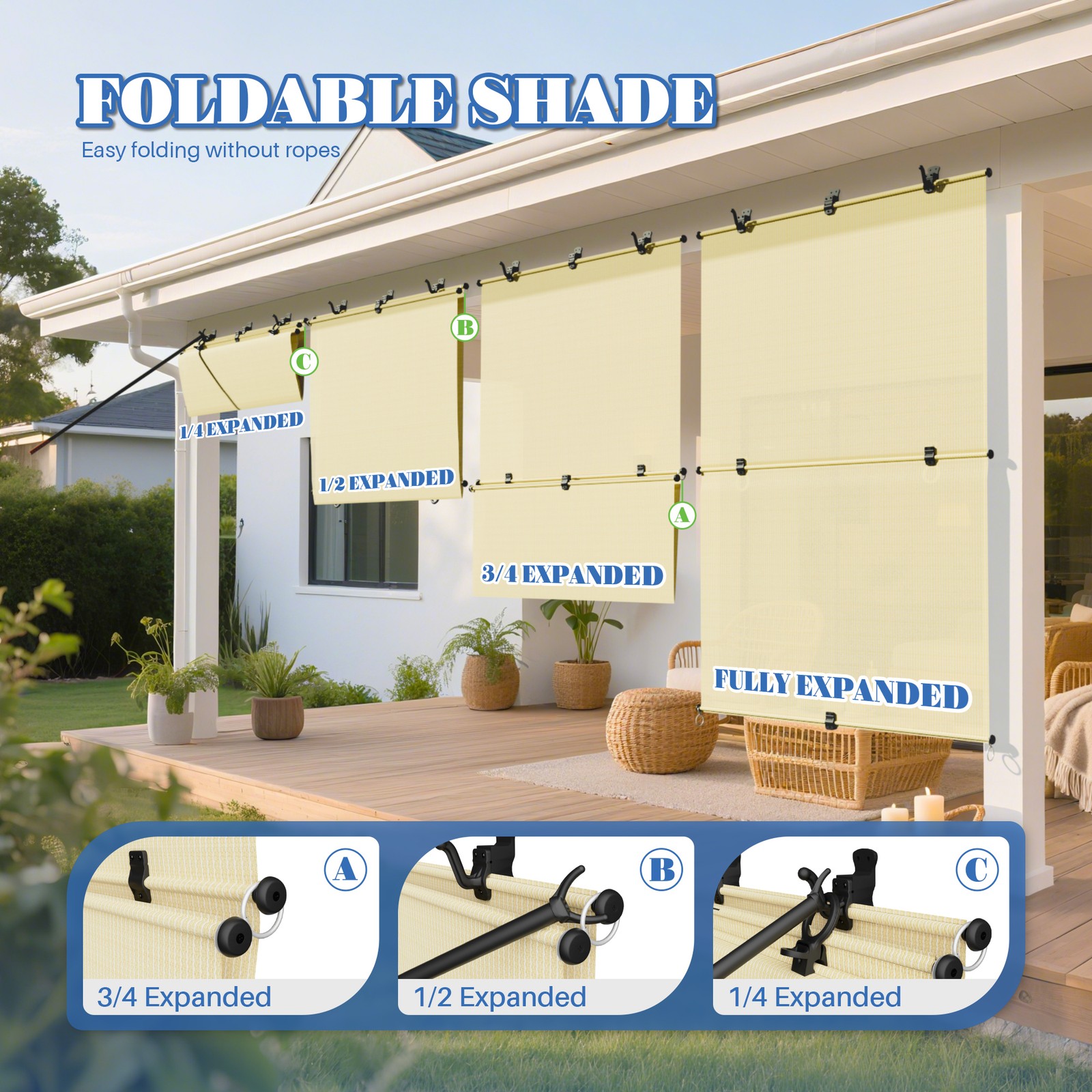 Foldable Roller Shade UV Roll Up Blind for Patio Deck Gazebo Porch Beige Custom