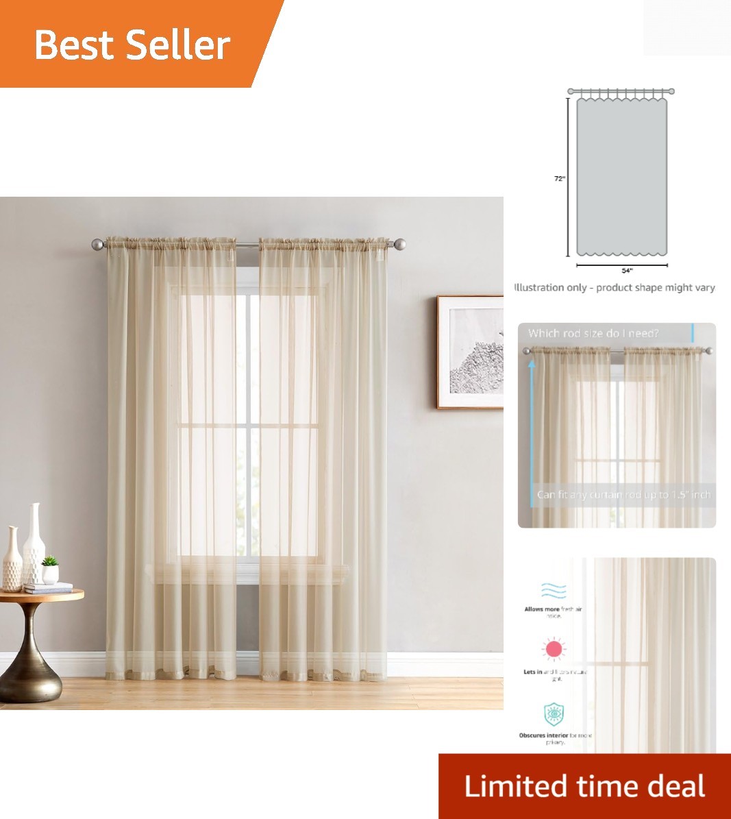 Luxury Antique Taupe Sheer Voile Curtain Panels Set of 2, 54×72 for Modern Homes