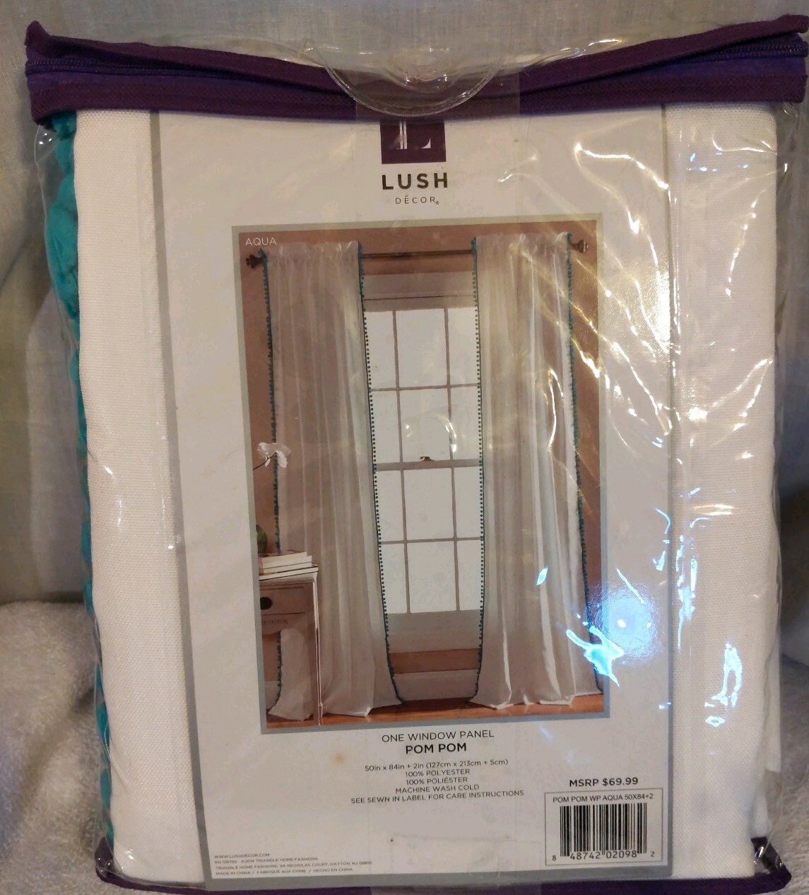Lush Decor,White window panel curtain w/blue/aqua pom pom edging 50 in. X 84 in